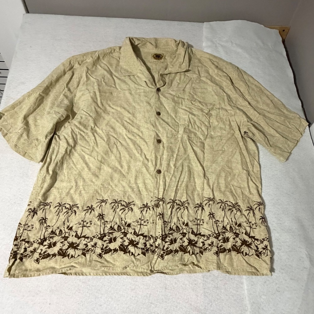 Pussers West Indies Mens XXL Silk Cotton Tan Brown Tropical Palm Hawaiian Shirt